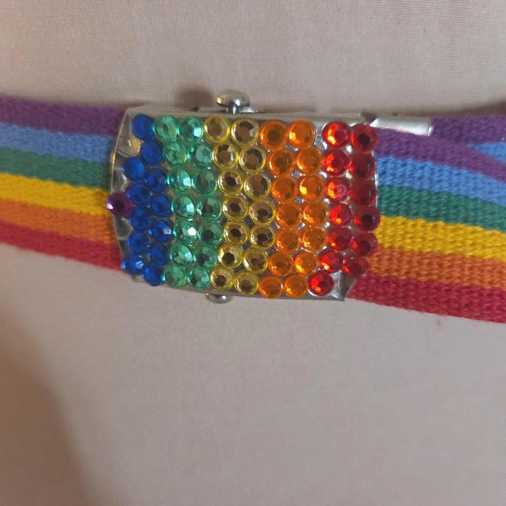 Rainbow‎ Striped Web Belt with Rhinestone Flip Top Buckle 90s Pride Accessory